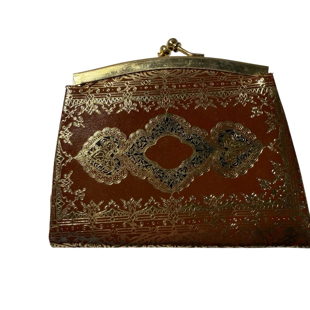 Vintage Gold Filigree Coin Purse Kiss Lock‎ Brown Italian Style Souvenir Wallet